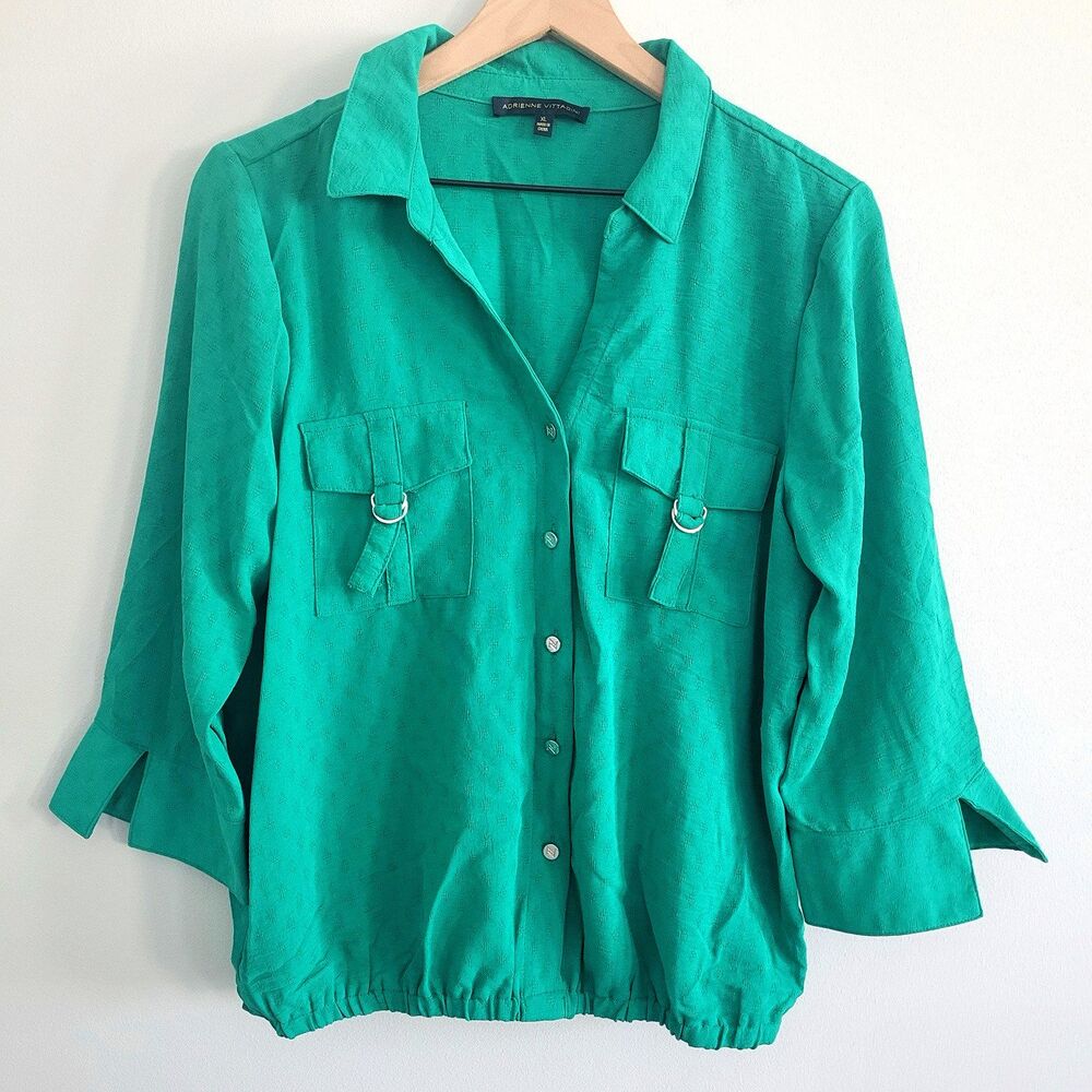 Adrienne Vittadini Blouse Womens XL KellyGreen Button Front V Neck Elastic Waist